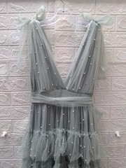 New Mable Abigail Dot Lace Mesh Tiered Ruffle Maxi Dress Sage Sz L