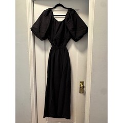 HM Black Puff Sleeve Cutout Midi Dress Womens Large Elastic Waist Viscose Blend