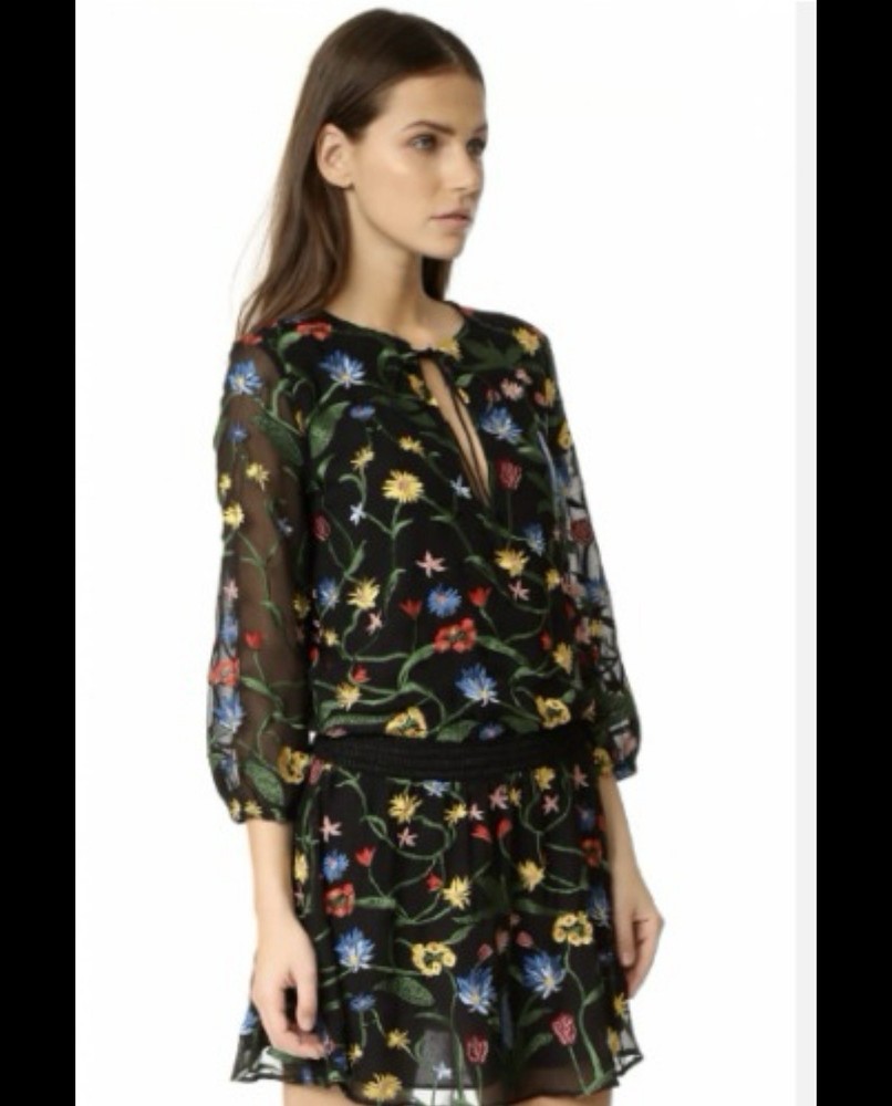 Alice Olivia Jolene Dress Black Embroidered Boho A-Line Mini 3/4 Sleeve *No Size