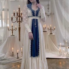 Gunne Sax Medieval Blue Floral Lace Ruffle Long Sleeve Maxi Dress Size 5