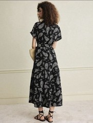 Women’s Black & White Paisley Midi Shirt Dress Short Sleeve Tie Waist BohoCasual