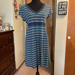 Aeropostale Y2K Blue Teal White Striped V-neck T-shirt Babydoll Dress XL