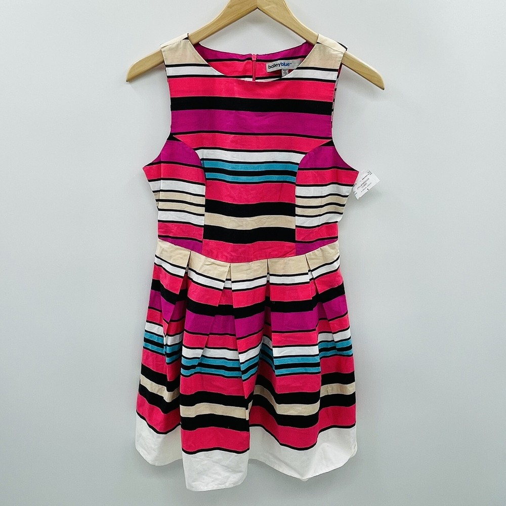 Bailey Blue Womens Size Small Striped Sleeveless A Line Pleated Dress Cotton