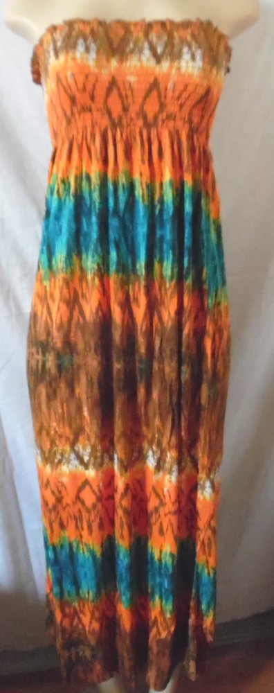 -ORANGE BROWN GEOMETRIC GREEN BLUE SUMMER ELASTIC DRESS MAXI LONG STRAPLESS S