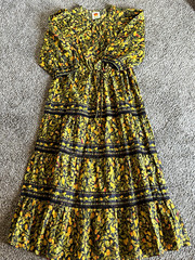 Farm Rio Green & Black Floral Tiered Ruffle Maxi Dress Long Sleeve Size M