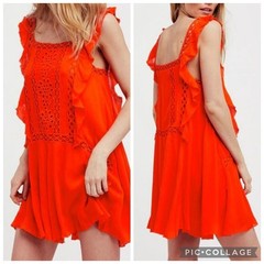 Free People Priscilla Coral Orange Crochet Lace Mini Dress Tunic Boho Festival