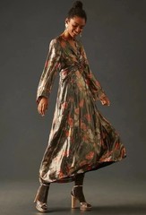 Anthropologie Caballero Floaty Metallic Maxi Dress Deep V-Neck Ethereal Sz Small