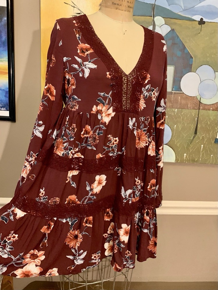 Xhilaration Burgundy Floral Tiered V-Neck Mini Dress X Small