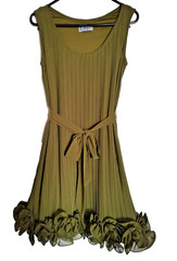 Vintage Pleated Tank Dress Olive Green Sleeveless Rosette Ruffle Hem Tie Belt