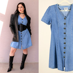 Vintage 80s 90s Denim Button Front Dress Fit & Flare – Soft Grunge Babe