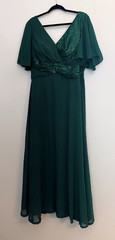 Women’s Green Solid V-Neck Long Gown Dress Flutter Short Sleeve Sequin Size 10