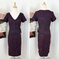 JS Collections Short Sleeve Soutache Cocktail Dress Navy Blue Burgundy Sz 4 NWT