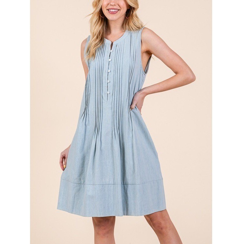 D150. Light Wash Pintuck Denim Chambray Dress