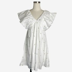 Day + Moon white babydoll ruffle collar embroidered rose floral mini dress S