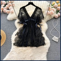 Fashion Lace Mesh Sensual Comfortable Mini Dress Women V Neck Lace-up Black