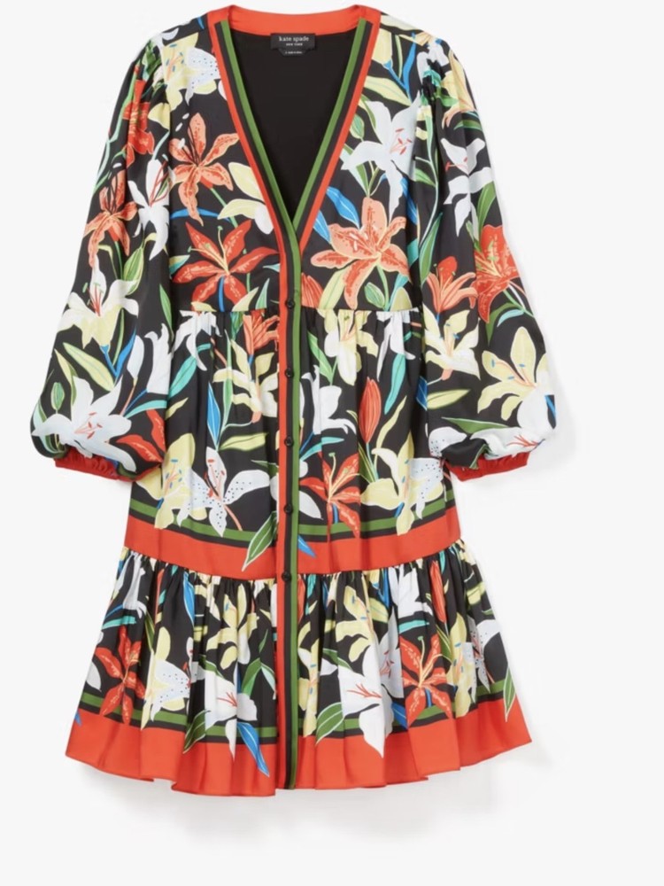 Kate Spade Dress Womens Small Summer Lilies Twill Floral Button V-Neck New