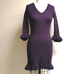 VTG Cynthia Rowley Purple Merino Wool Sweater Dress with Ruffled Cuff & Hem