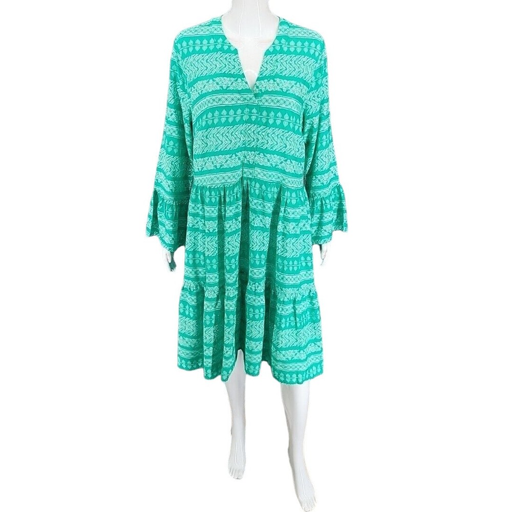 Destination 365 Allover Printed Split Neck Viscose Dress Medium Sz Green Top