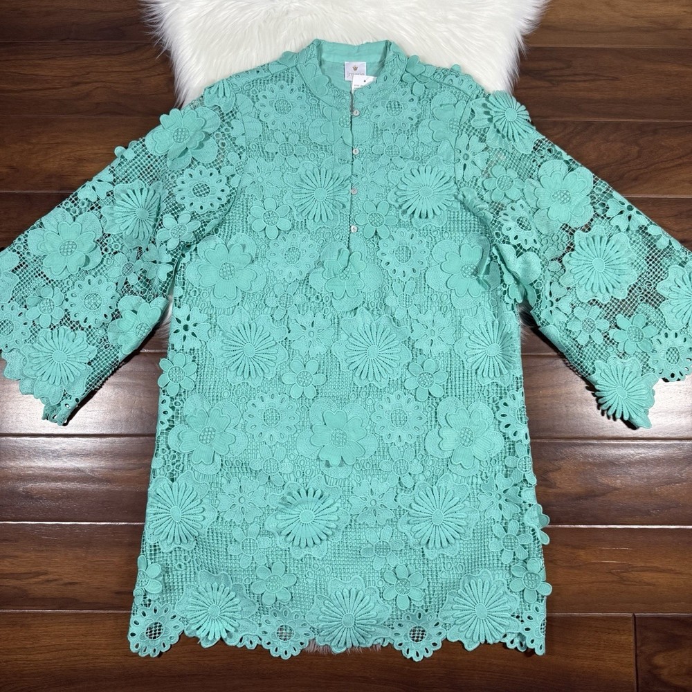 J.Marie Womens Size Small Pastel Teal Seraphina Floral 3D Lace Long Sleeve Dress