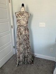 VICI Beige/Brown Leopard Animal Print Chiffon V-Neck Lined Maxi Dress S