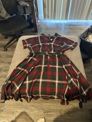 Collectif London Plaid Collared Retro Dress Red/Green Belted Button Front US 26