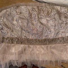 Debs Y2K Whimsical Taupe Strapless Tulle Ruffle Dress Sequin Paisley Fairycore