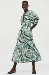 H&M Johanna Ortiz White Green Palm Leaf Print Linen BI. Midi Dress Size Eur 40