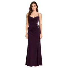 Joanna Chen XSCAPE Size 4 Dark Purple Maxi Dress Beaded Accent Ruched USA Made