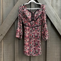 En Creme Dress Womens Small Black Floral Boho Bell Sleeve Mini Tunic