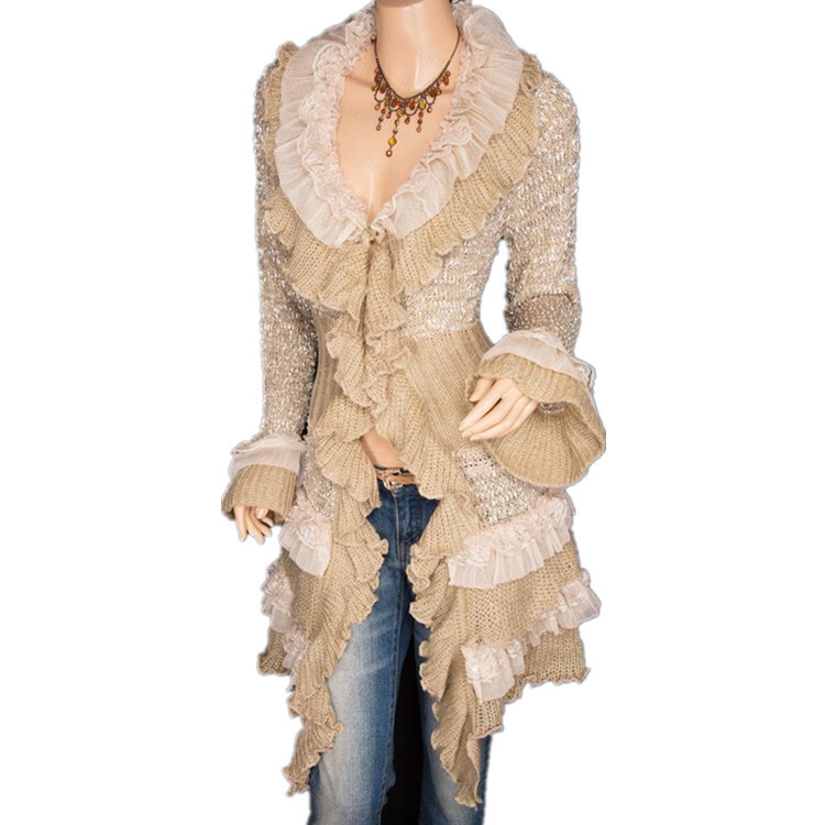 Retro Lady Ruffled Lace Knit Coat Sweater Dress Long Jacket Cardigan Top Jumper