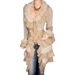 Retro Lady Ruffled Lace Knit Coat Sweater Dress Long Jacket Cardigan Top Jumper