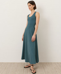 PACT Organic Fit & Flare Open Back Maxi Dress Ditsy Dot Floral Deep Aqua