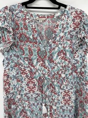 FRYE & CO Ruffled Tiered Maxi Dress XL Teal Red Floral Boho High Low Cottagecore