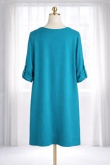 L.L.Bean Popover Dress Lightweight Casual Teal V-Neck Roll Tab Sleeve Size L