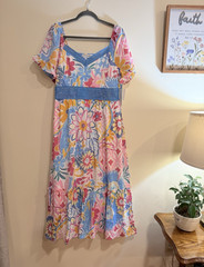 Luxology Women&rsquo;s L Multicolor Floral V-Neck Short Sleeve Smocked Maxi Dress