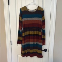 Multicolor Horizontal Striped Long Sleeve Knit Tunic Skater Dress Hemish Large