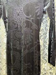 NWOT burnout velvet paisley stretch fabric high slit low back dark gray sheer