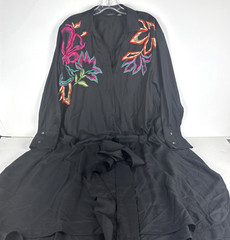 Natori Black Embroidered Dress Sz S Silk Blend Belted Pockets Midi