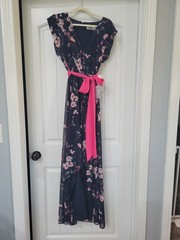 NWT ELIZA J Navy Floral Print Pink Belt Dress Women&rsquo;s Size 8