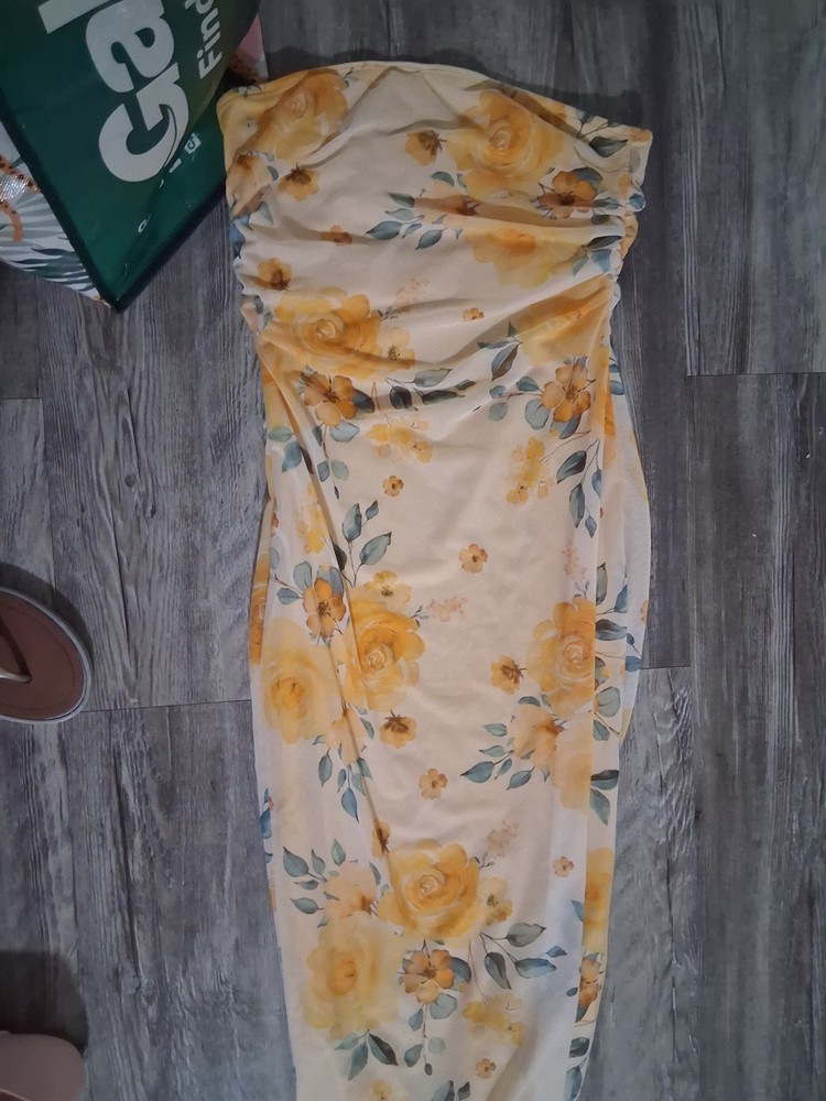 Women’s Strapless Ruched Floral Bodycon Midi Dress Cream/Yellow/Green S