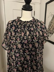LOFT Navy Pink Green Gold Floral A-Line Dress High Neck Ruffle Flutter Sleeve M