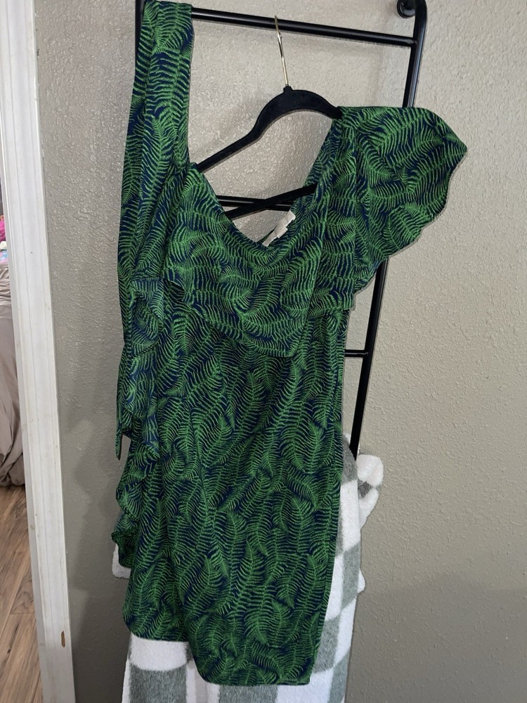 Michael Kors Green/Blue Leaf Print One-Shoulder Dress Size 4