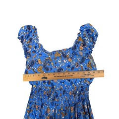 Dusty Blue Boho Floral Maxi Dress Women&rsquo;s Medium Smocked Waist Ruffle Sleeve