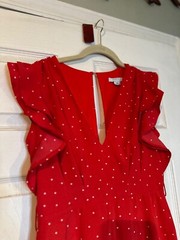Mini Dress V Neck Slit Back Button Red Polka Dot Flutter Sleeve M Favlux
