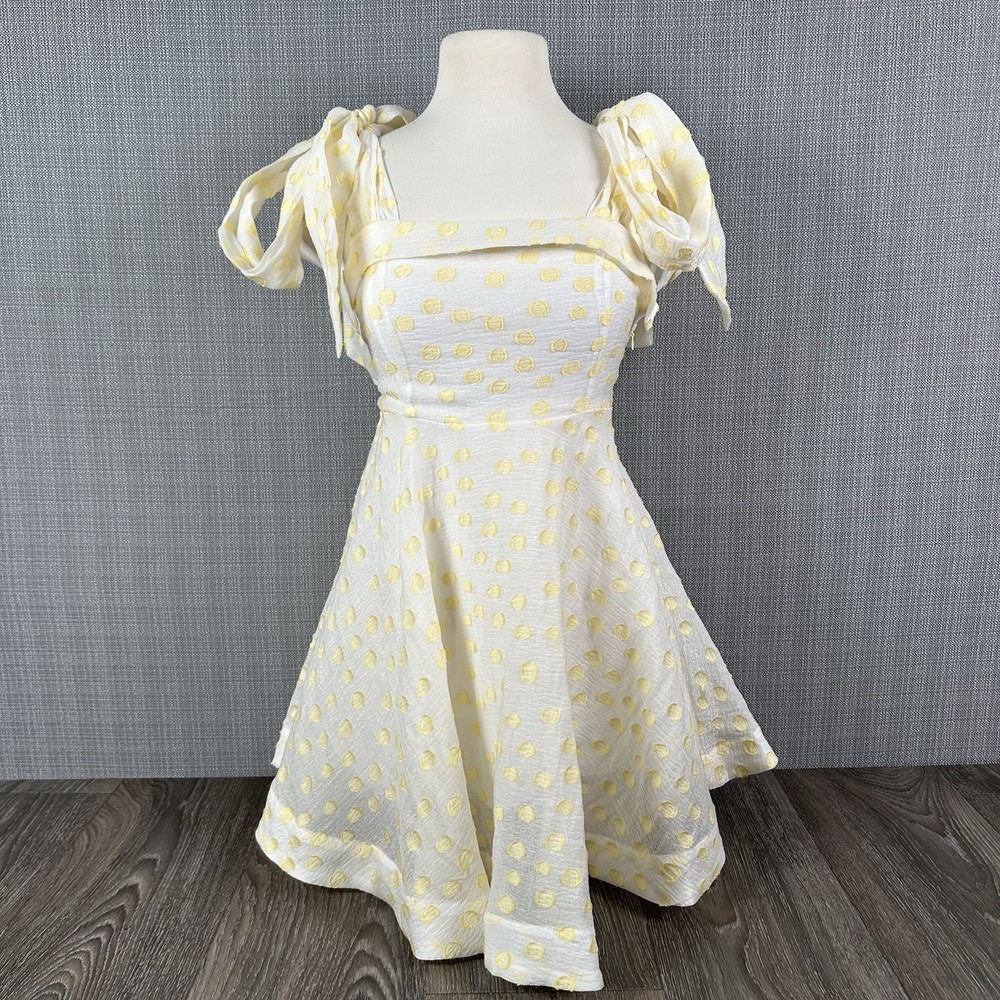 Mable Fit & Flare Mini Dress Sz M Butter Yellow Polka Dot Bow Strap Babydoll