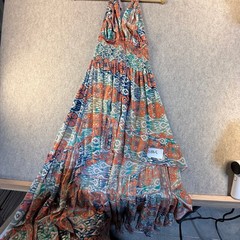 Boho Ikat Print Halter Maxi Dress Smocked Bodice High Low Tiered Ruffle Orange L