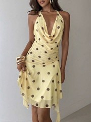 Women&rsquo;s Yellow Polka Dot Halter Mini Dress – Cowl Neck Summer Sun Dress