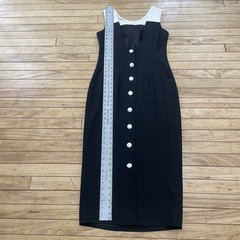 Vintage Datiani Open Back Midi Dress Button Pencil Sz 6 Black Cream Money Rare