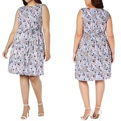 Anne Klein Floral Geometric Striped Eyelet Belted Fit and Flare Dress 14W NWT