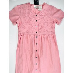 Vintage Pink Linen Button Front Maxi Dress Floral Embroidered Empire Waist Med